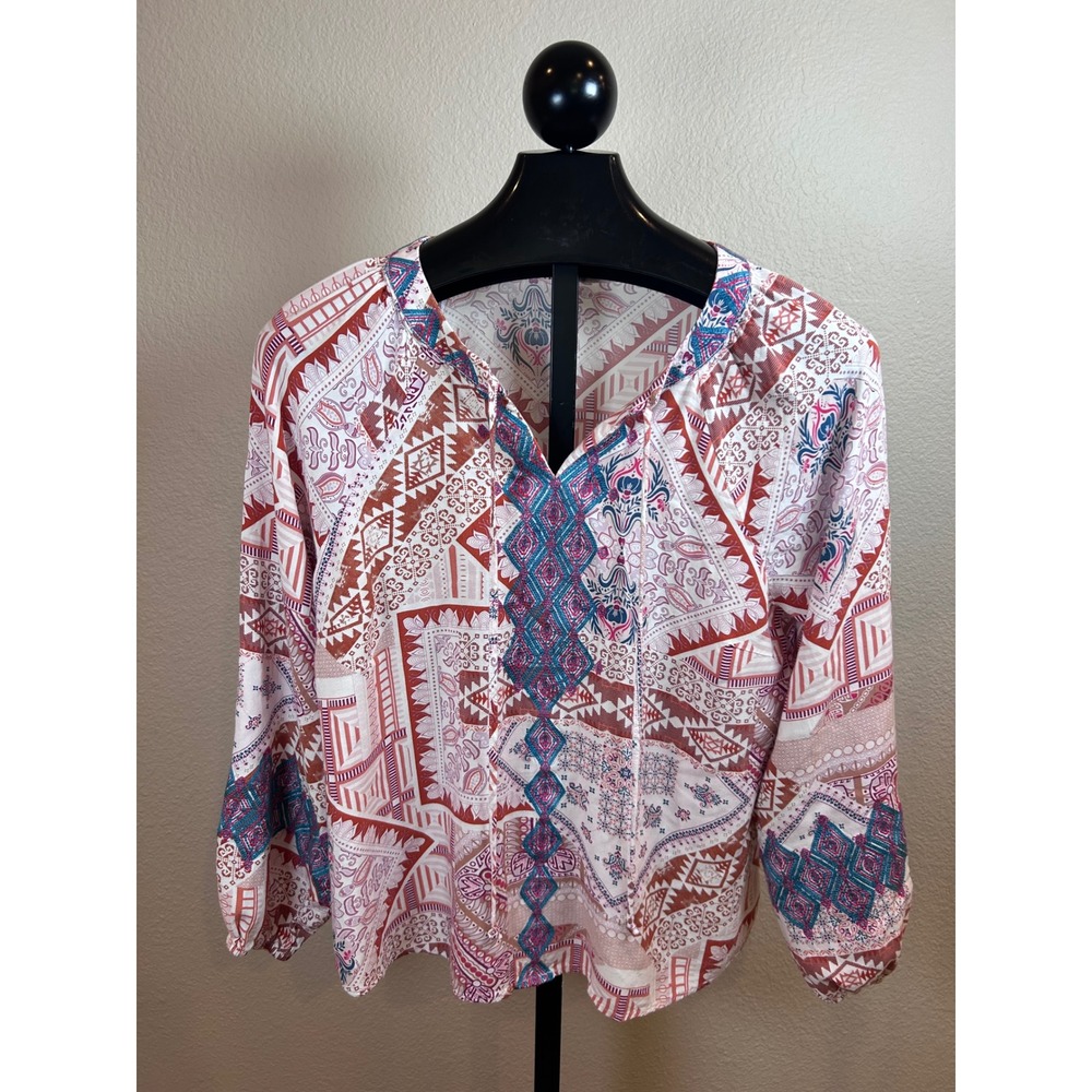 Savanna Jane Boho Patchwork Print Balloon Sleeve Blouse Pink Rust Teal Large